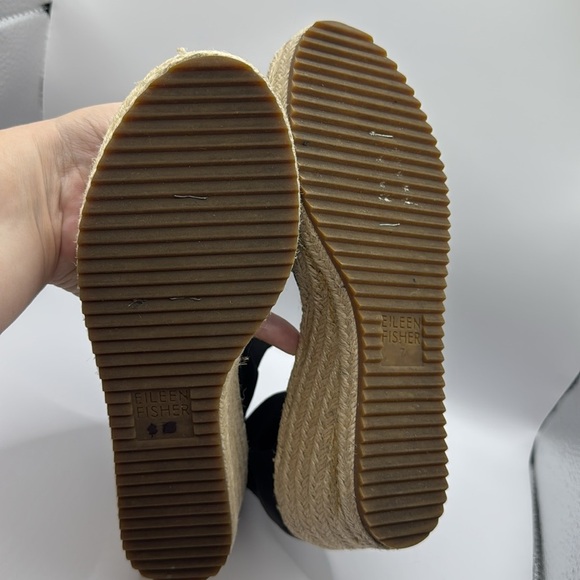 NWOB Eileen Fisher Women's Black Wiley Leather Espadrille Wedge Sandals Size 7 - Picture 11 of 12